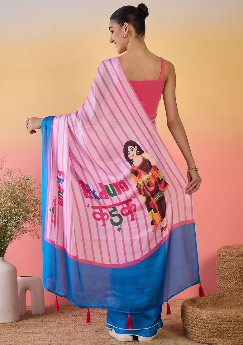 Pink Embroidered Georgette Saree Set - Indya