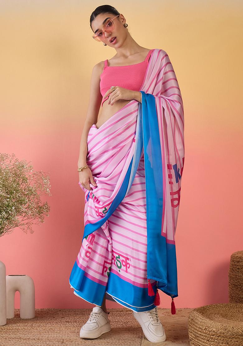 Pink Embroidered Georgette Saree Set - Indya