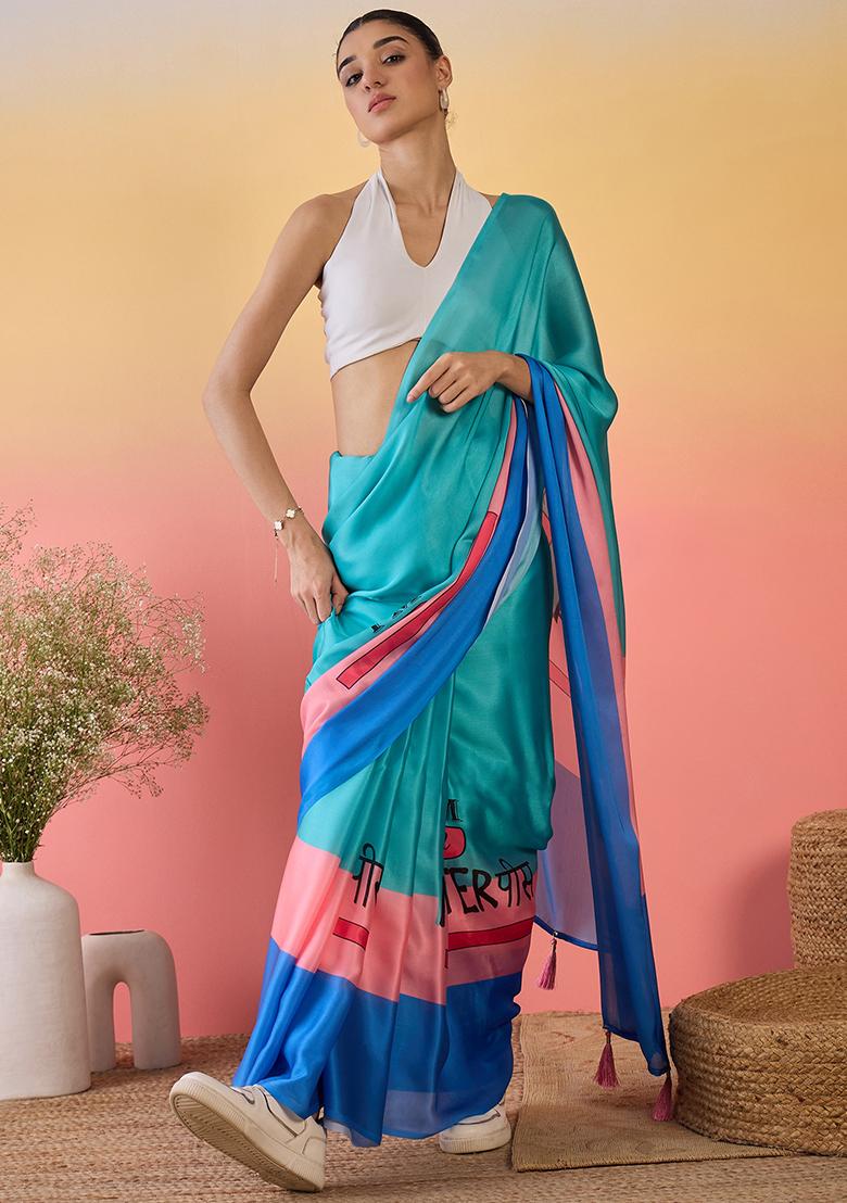 Blue Embroidered Georgette Saree Set