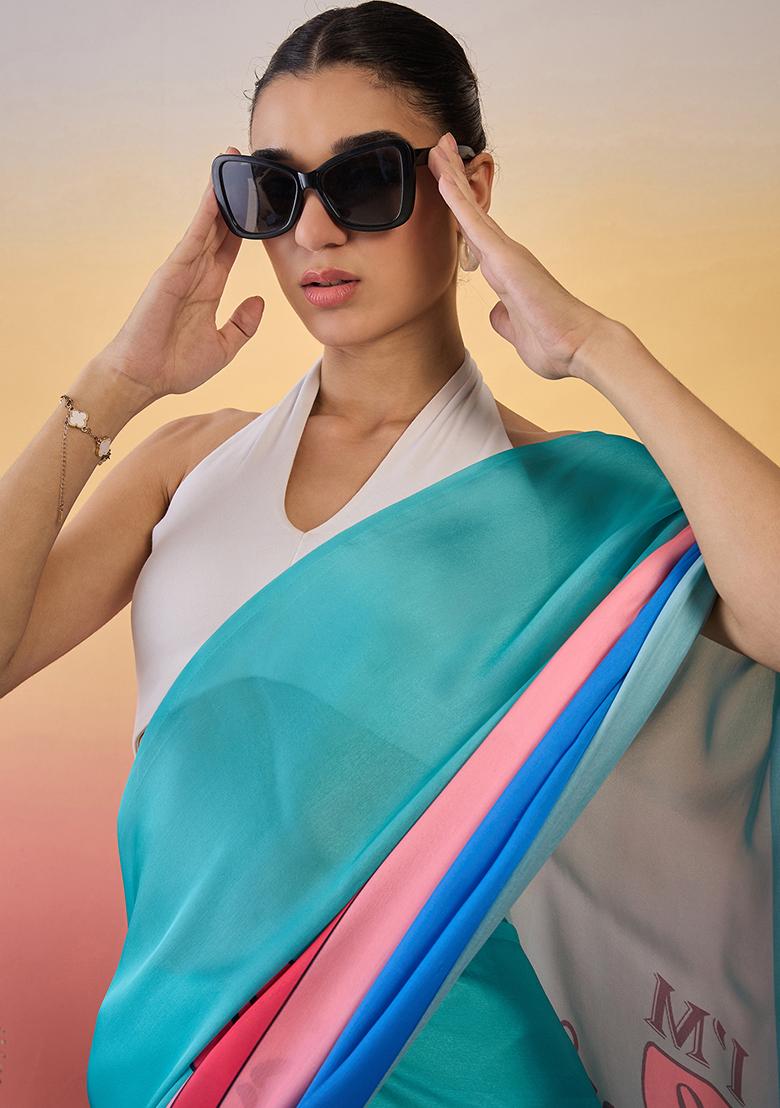 Blue Embroidered Georgette Saree Set - Indya