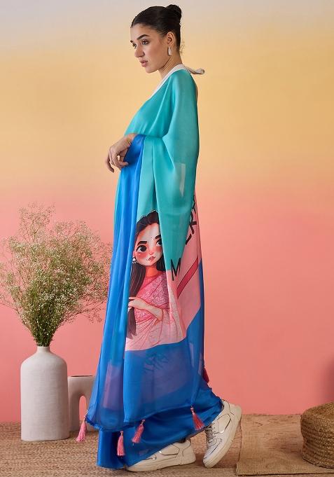 Blue Embroidered Georgette Saree Set