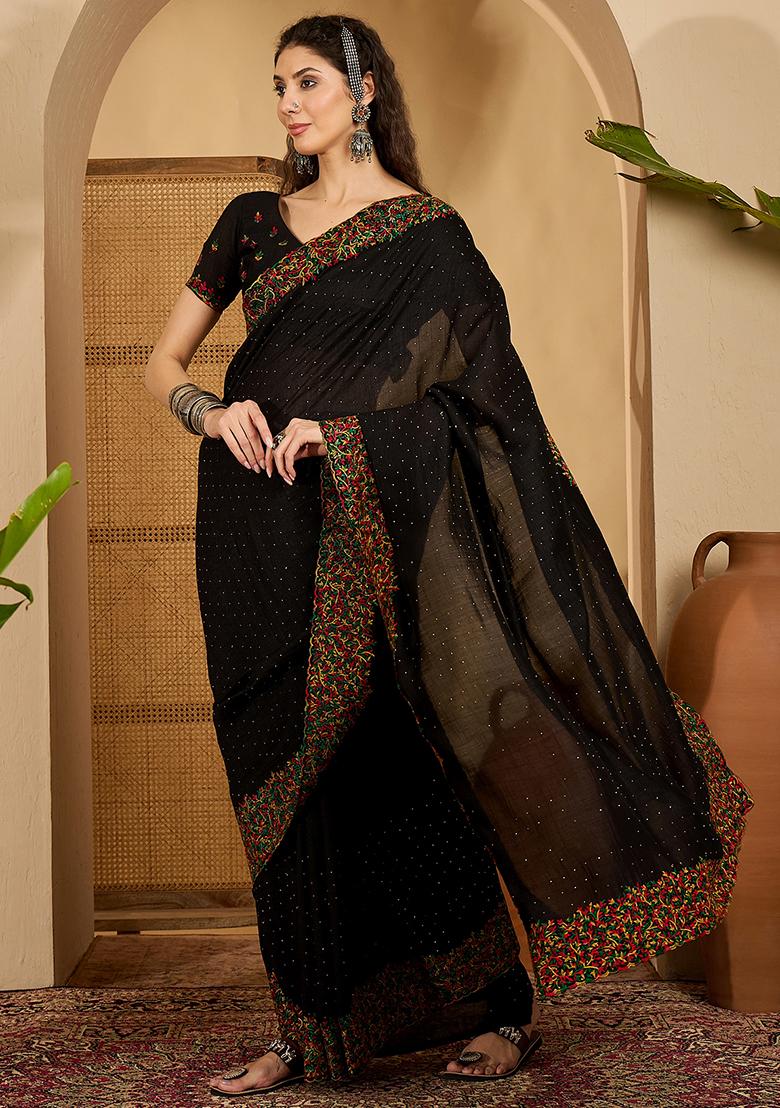 Black Embroidered Silk Saree Set - Indya