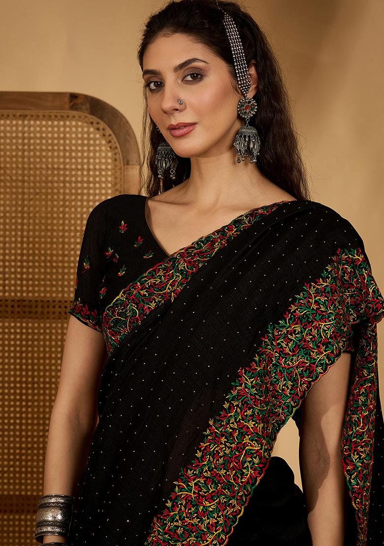 Black Embroidered Silk Saree Set - Indya
