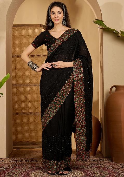 Black Embroidered Silk Saree Set
