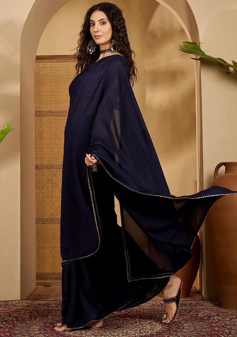 Blue Embroidered Silk Saree Set - Indya