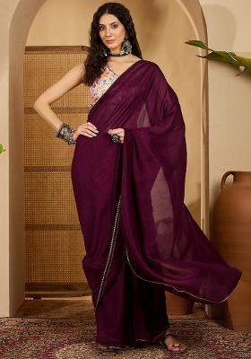 Wine Embroidered Silk Saree Set