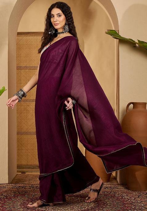 Wine Embroidered Silk Saree Set