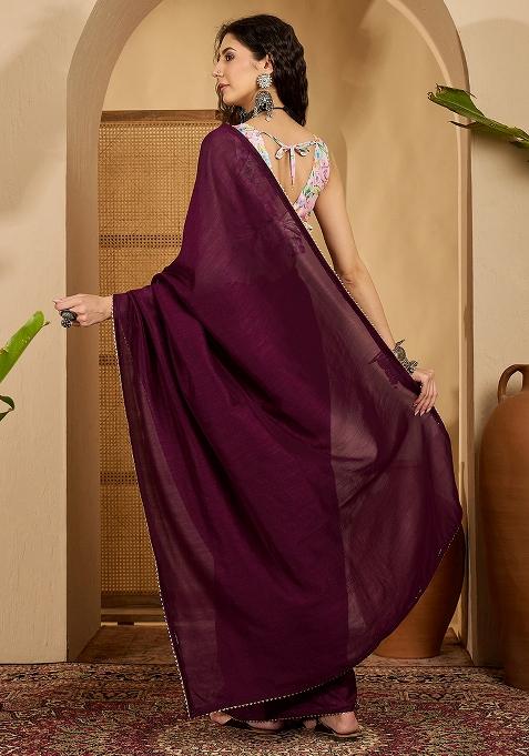 Wine Embroidered Silk Saree Set