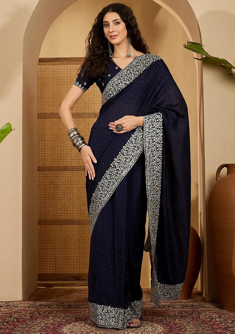 Blue Embroidered Silk Saree Set