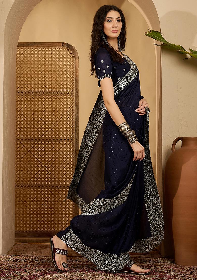 Blue Embroidered Silk Saree Set - Indya