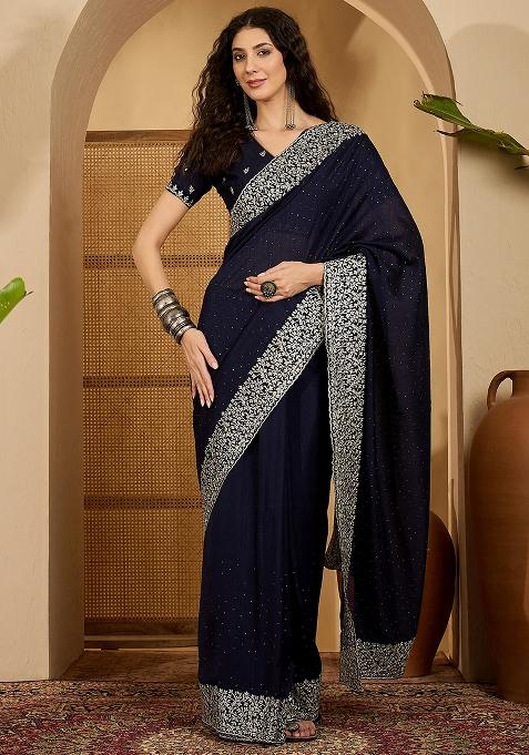 Blue Embroidered Silk Saree Set