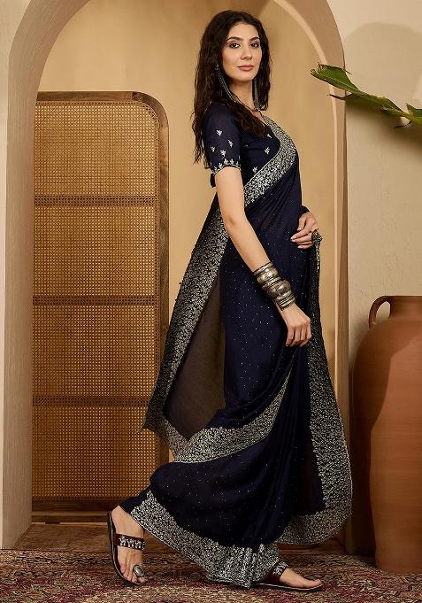 Blue Embroidered Silk Saree Set