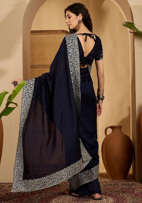Blue Embroidered Silk Saree Set