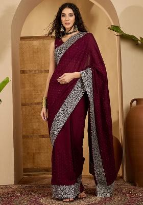 Wine Embroidered Silk Saree Set