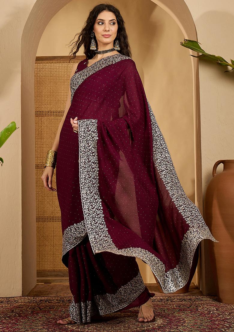 Wine Embroidered Silk Saree Set