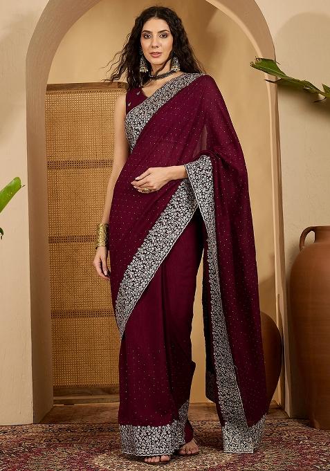 Wine Embroidered Silk Saree Set