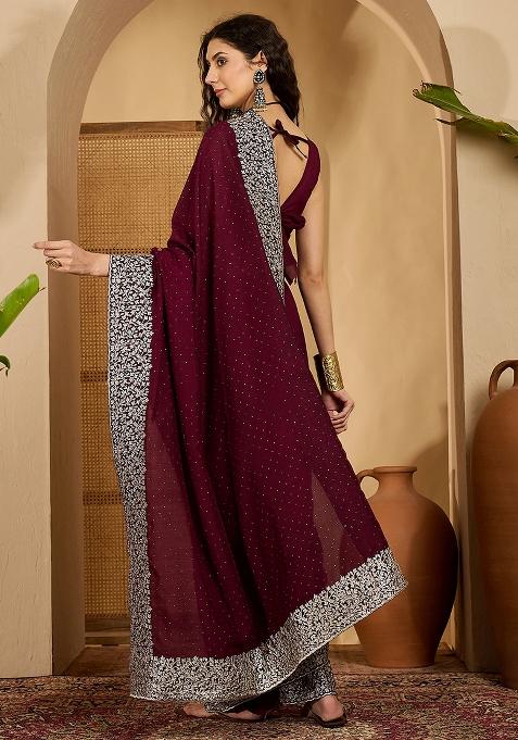 Wine Embroidered Silk Saree Set