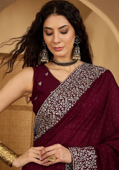 Wine Embroidered Silk Saree Set