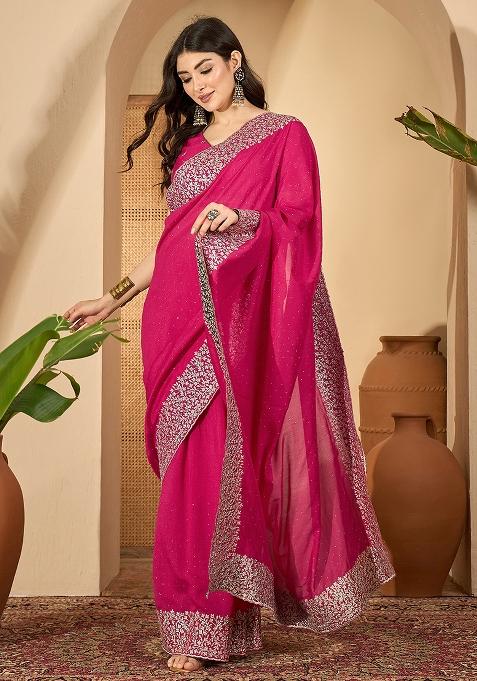 Pink Embroidered Silk Saree Set