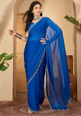 Blue Embroidered Silk Saree Set