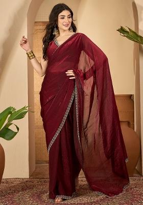 Maroon Embroidered Silk Saree Set