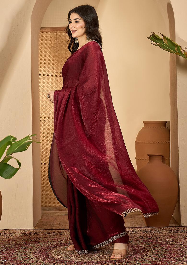 Maroon Embroidered Silk Saree Set - Indya