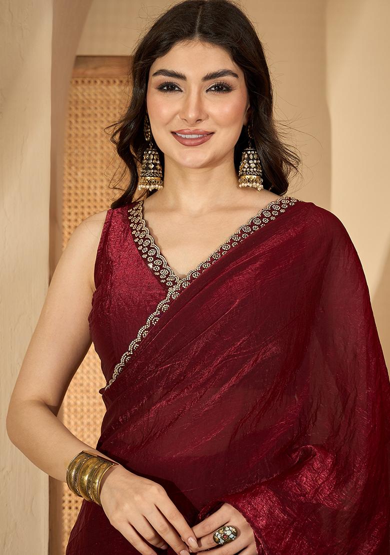 Maroon Embroidered Silk Saree Set - Indya