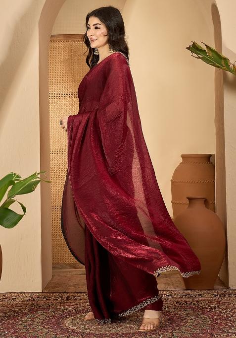 Maroon Embroidered Silk Saree Set