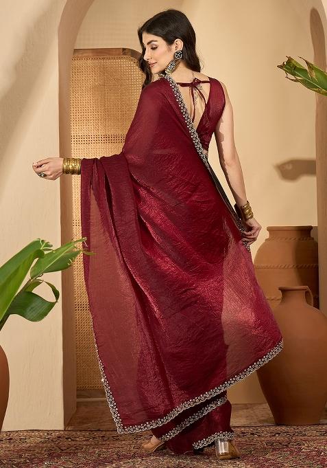 Maroon Embroidered Silk Saree Set