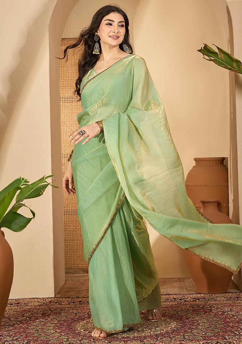 Green Embroidered Silk Saree Set - Indya