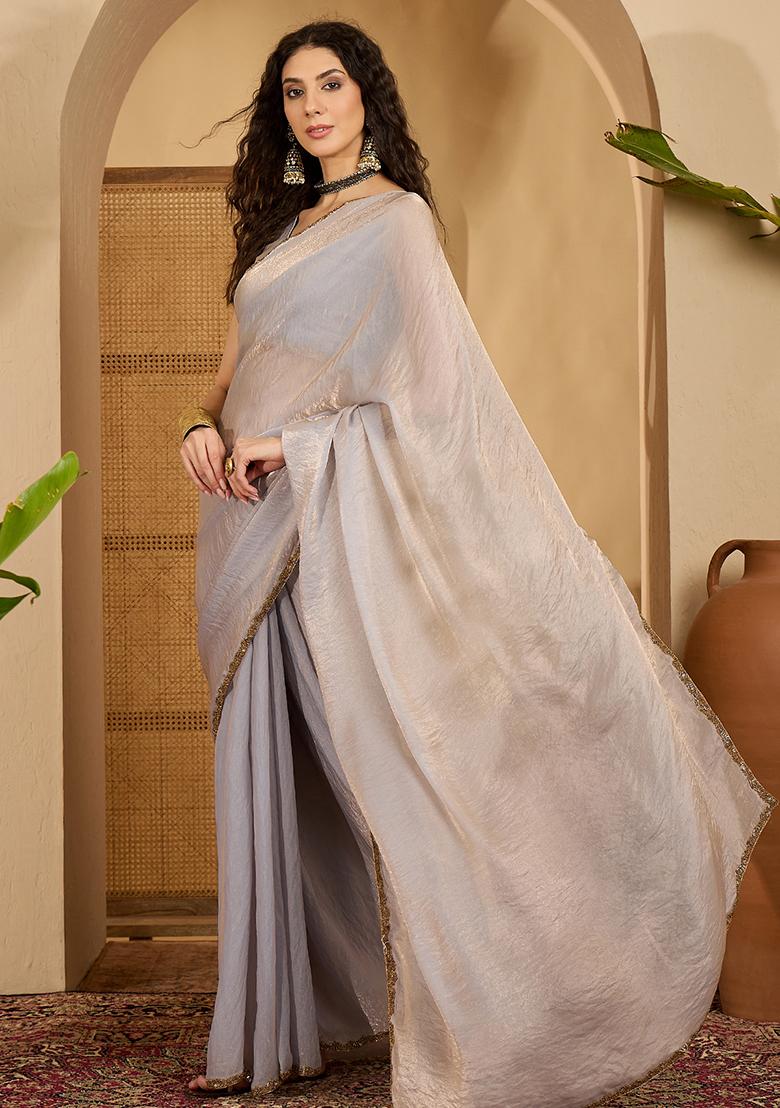Grey Embroidered Silk Saree Set - Indya
