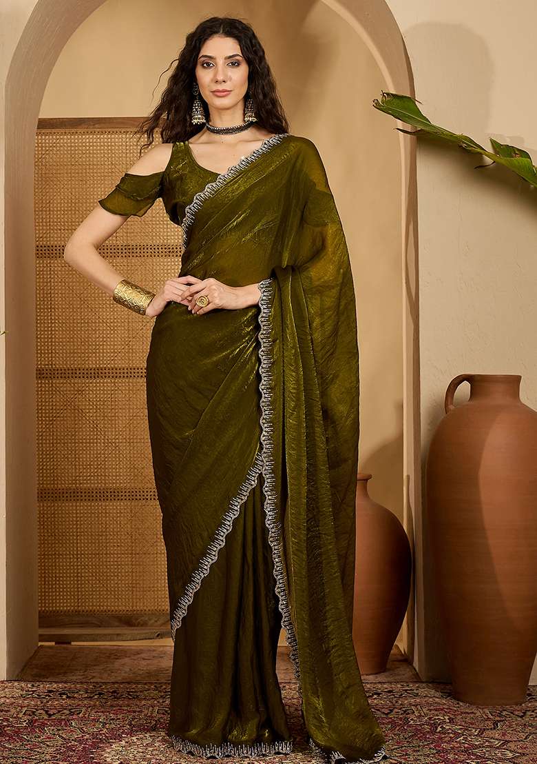 Olive Embroidered Silk Blend Saree Set for Diwali and Festive Wear - Indya