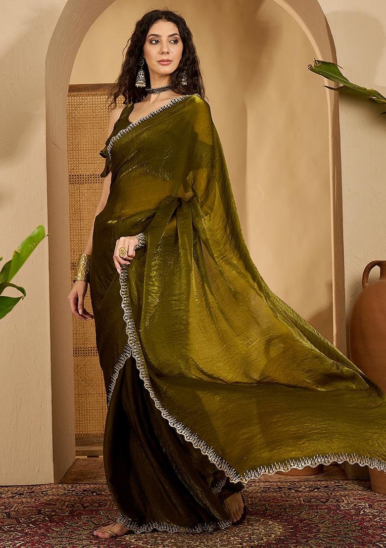 Olive Embroidered Silk Saree Set - Indya