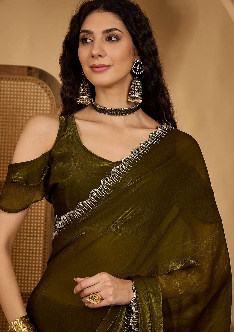 Olive Embroidered Silk Blend Saree Set for Diwali and Festive Wear - Indya