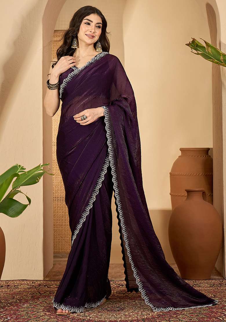 Purple Embroidered Silk Blend Saree Set - Indya