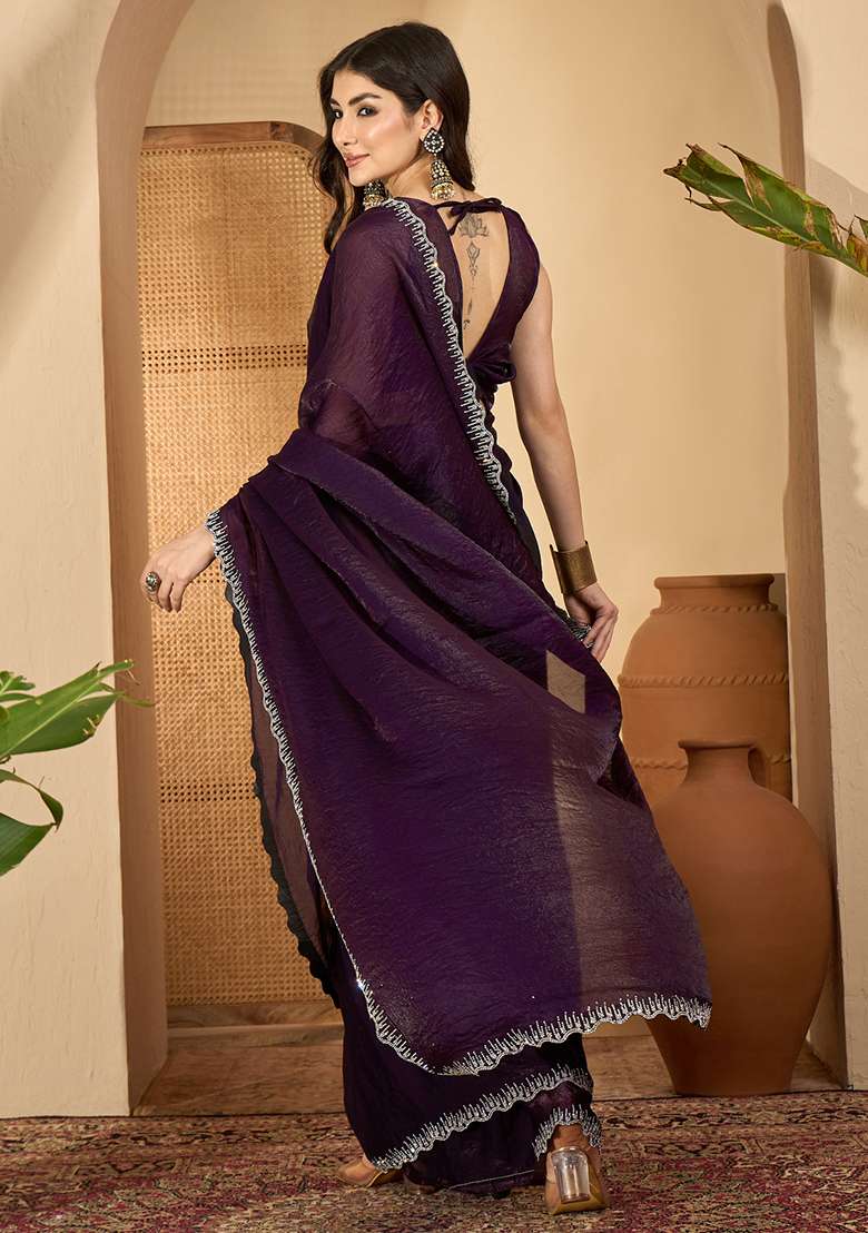 Purple Embroidered Silk Blend Saree Set - Indya