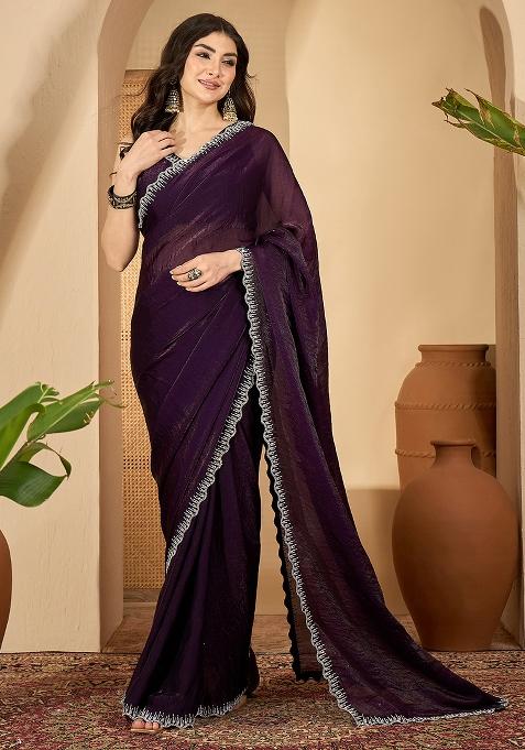 Purple Embroidered Silk Saree Set