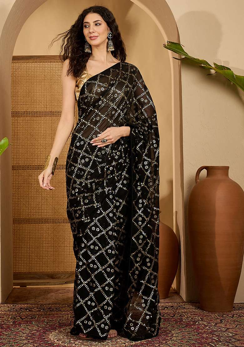 Black Embroidered Georgette Saree Set - Indya
