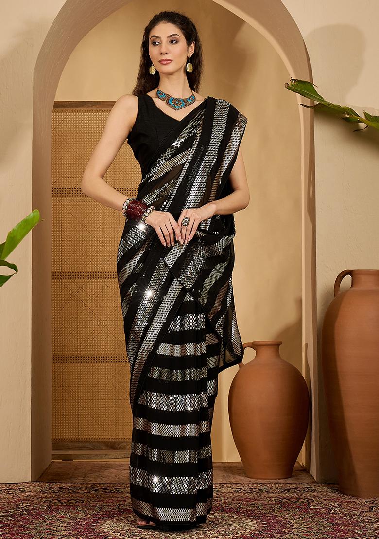 Black Embroidered Georgette Saree Set