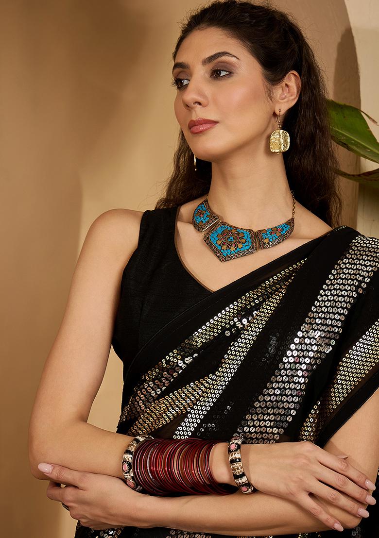 Black Embroidered Georgette Saree Set - Indya