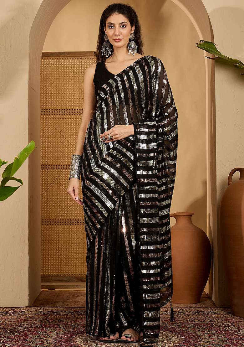 Black Embroidered Georgette Saree Set - Indya