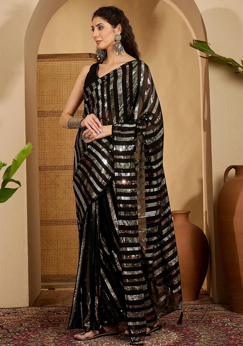 Black Embroidered Georgette Saree Set - Indya