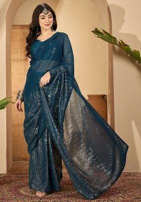 Blue Embroidered Georgette Saree Set