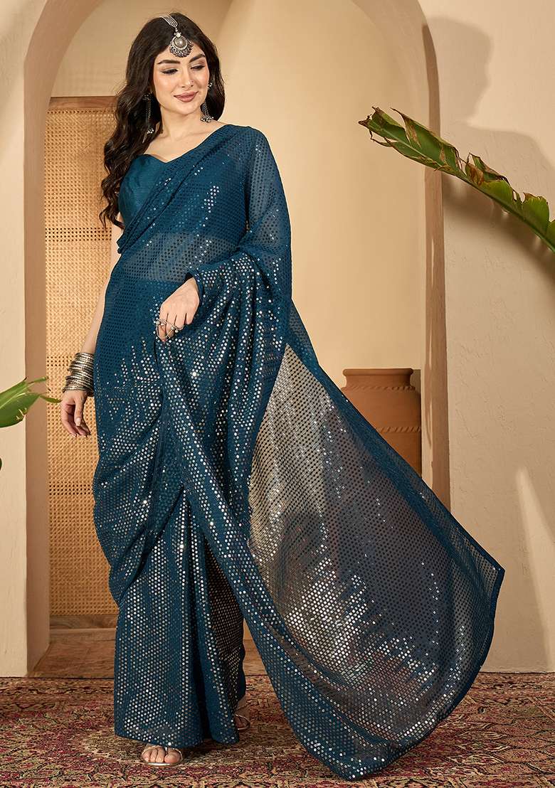 Blue Embroidered Georgette Saree Set - Indya