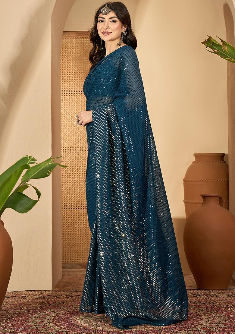 Blue Embroidered Georgette Saree Set - Indya