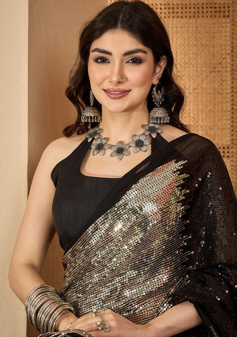 Gold Embroidered Georgette Saree Set