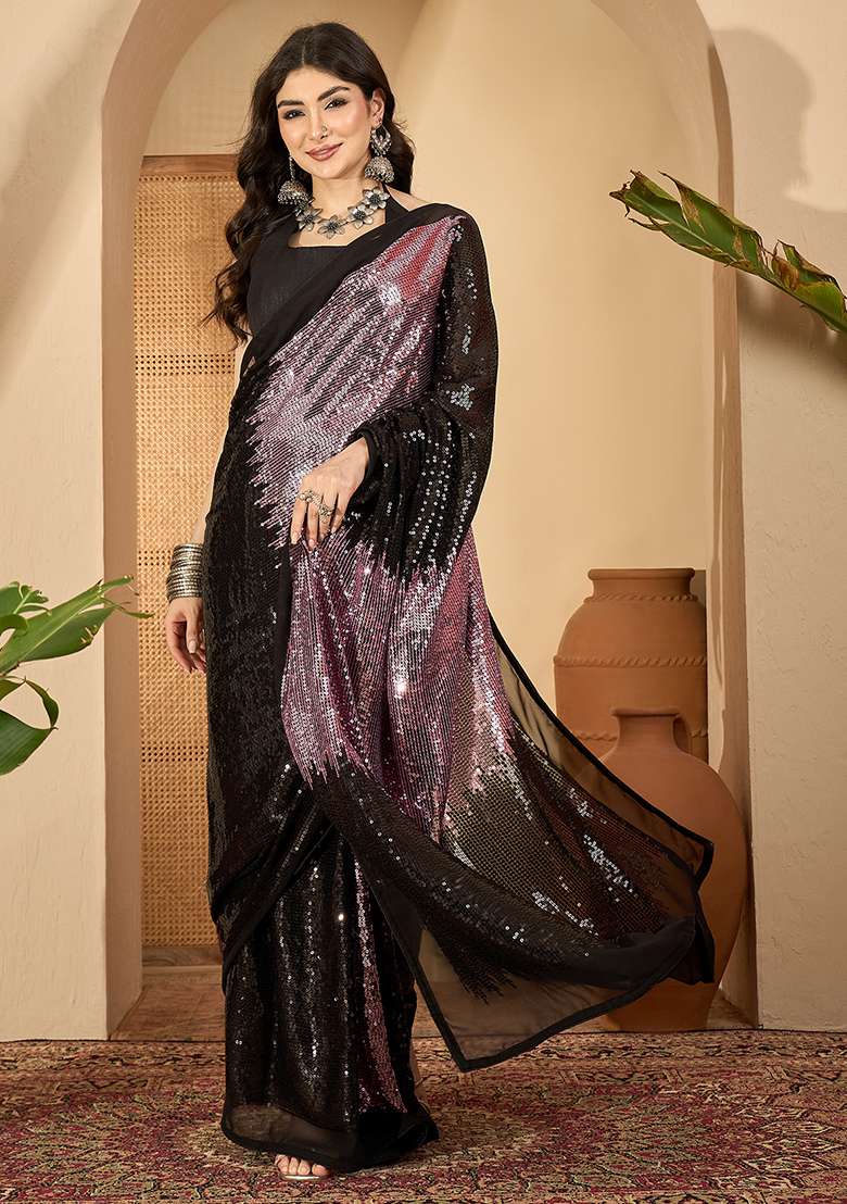 Red Embroidered Georgette Saree Set - Indya