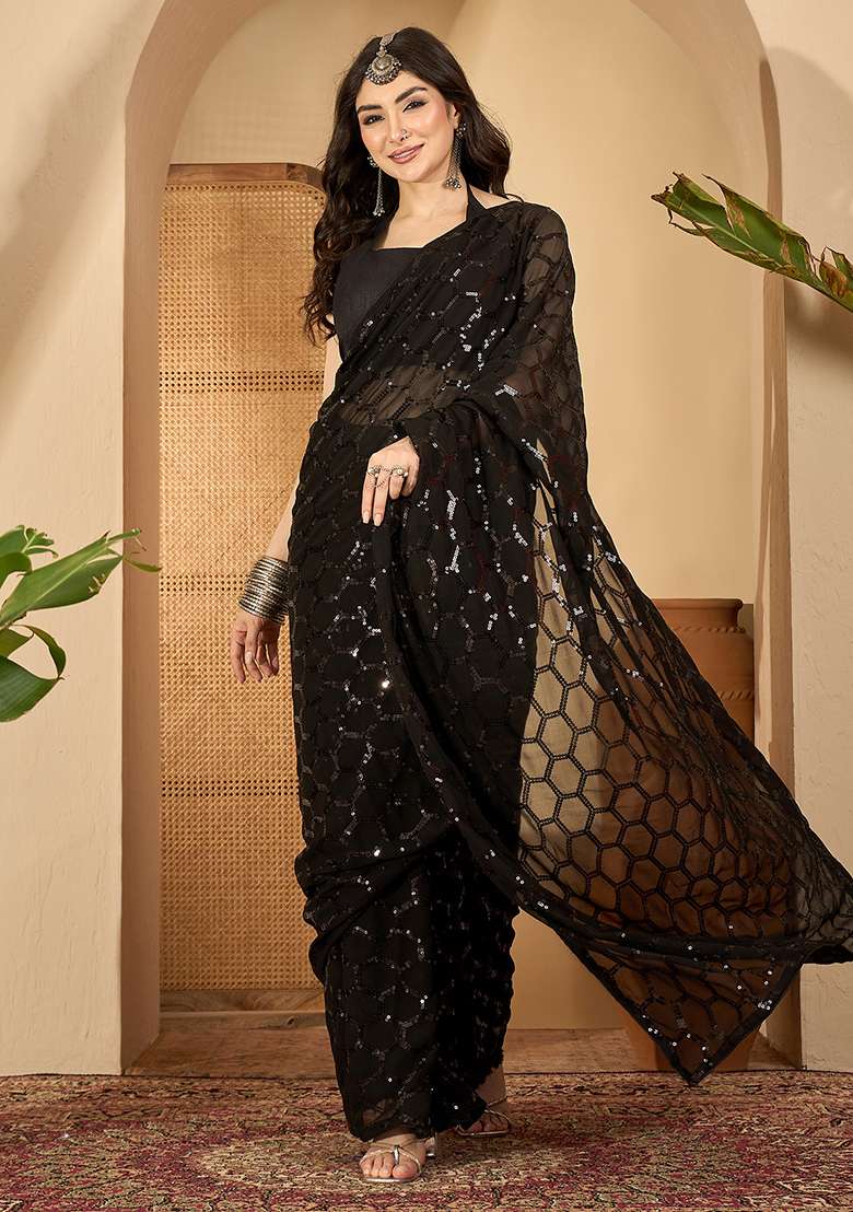 Black Embroidered Georgette Saree Set - Indya