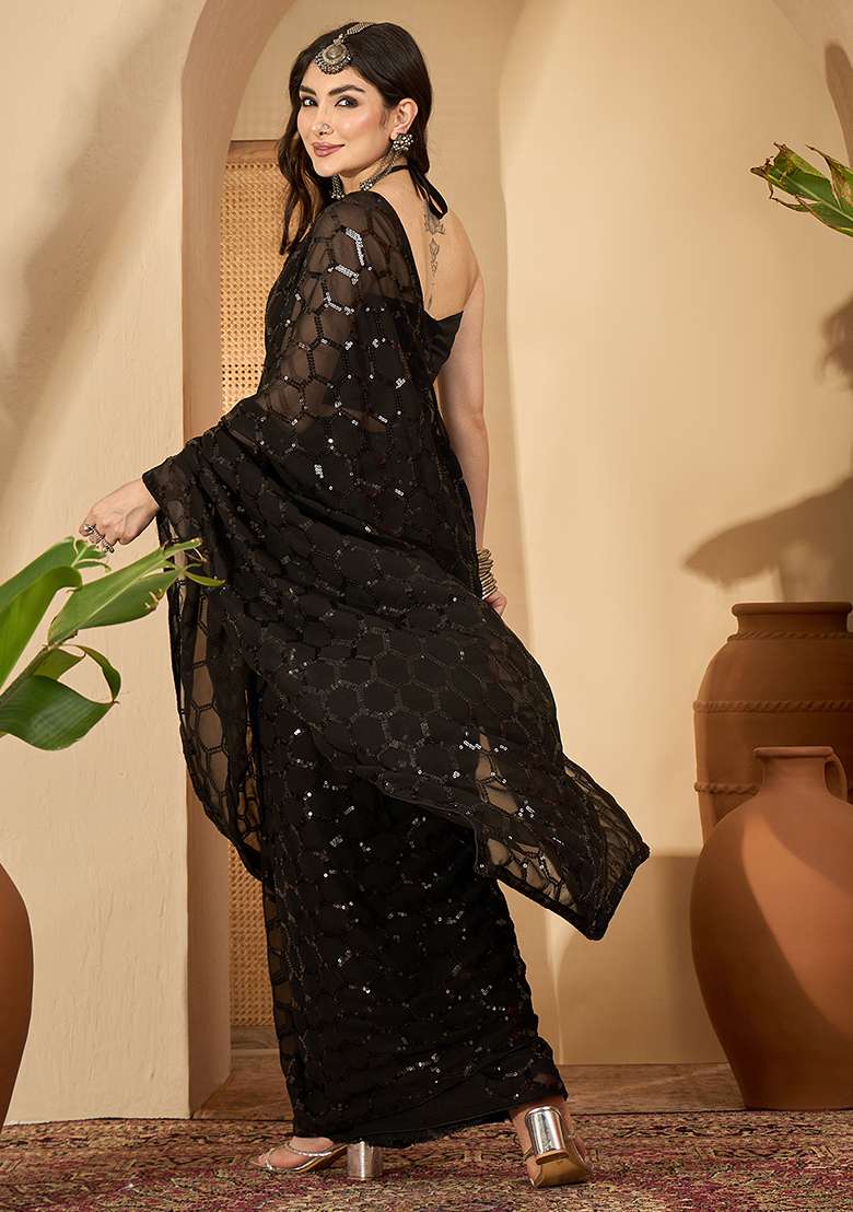 Black Embroidered Georgette Saree Set - Indya