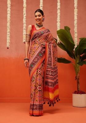 Multi Color Ikat Silk Saree Set